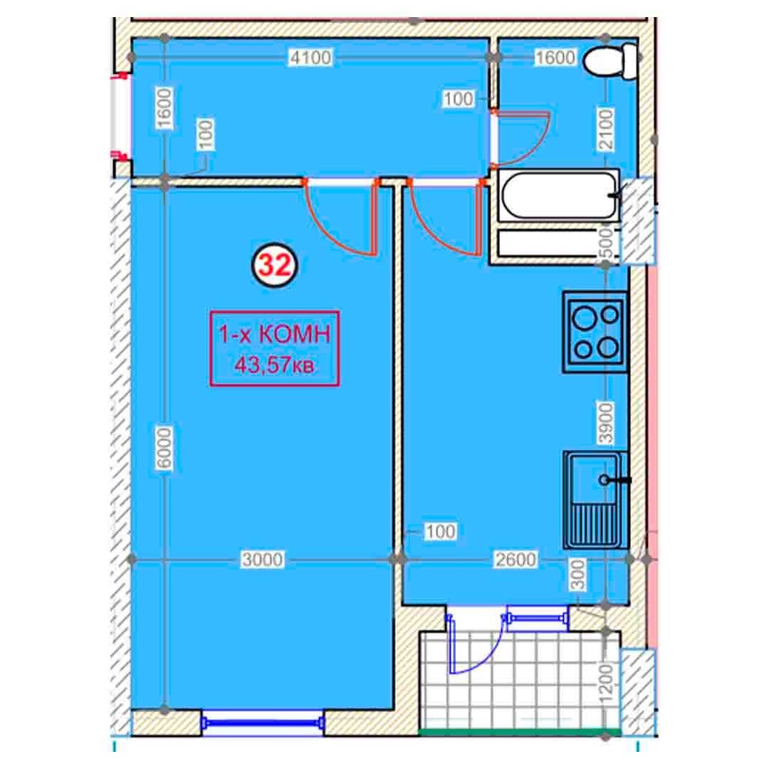 1-xonalik 43,57 m²