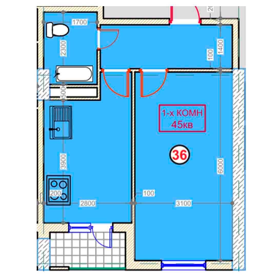 1-xonalik 45 m²