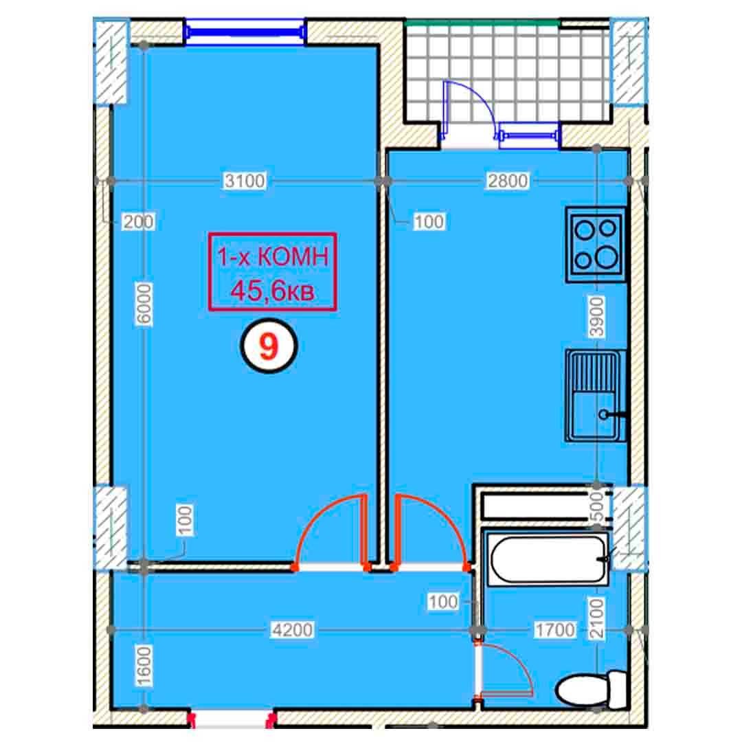 1-xonalik 45,6 m²