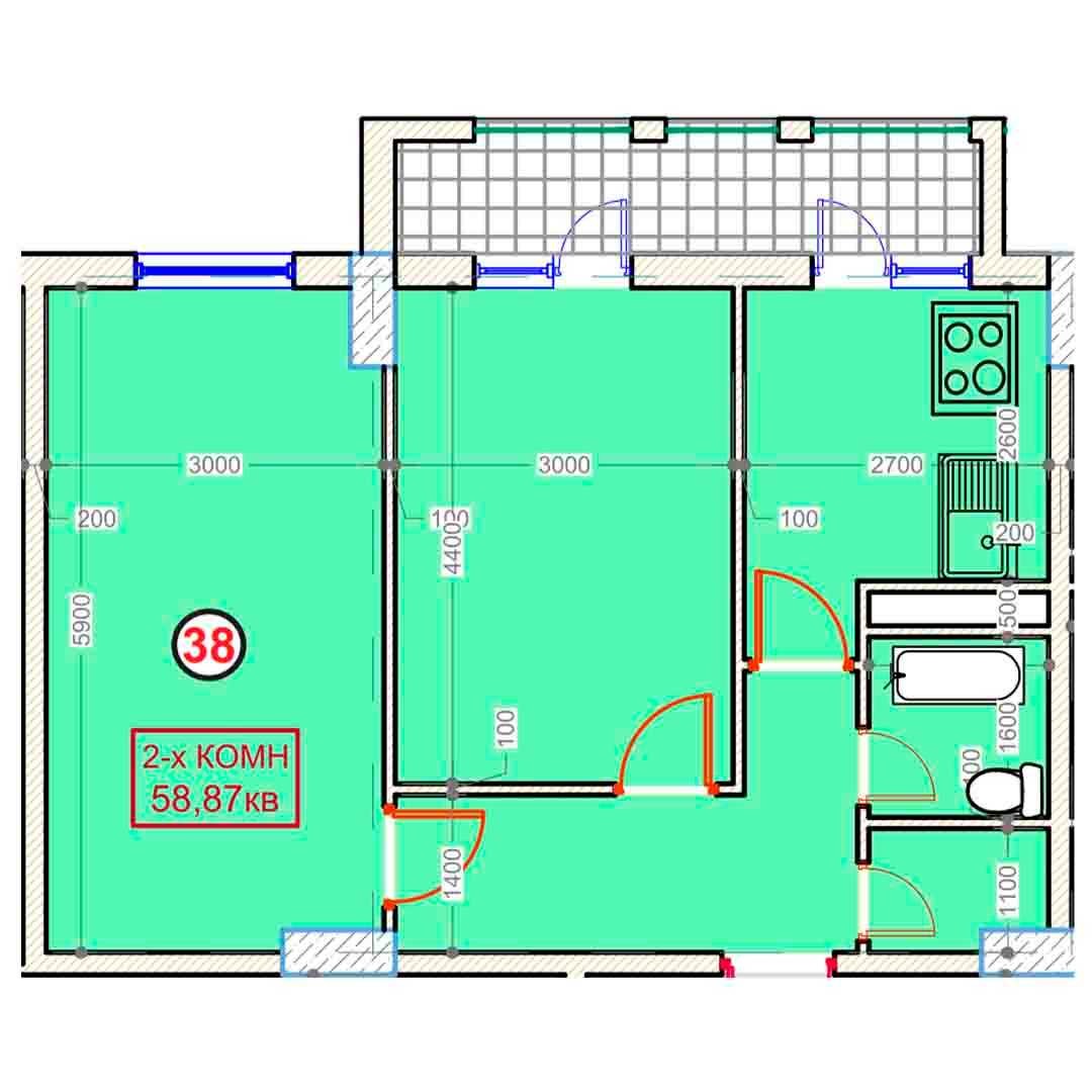 2-xonalik 58,87 m²