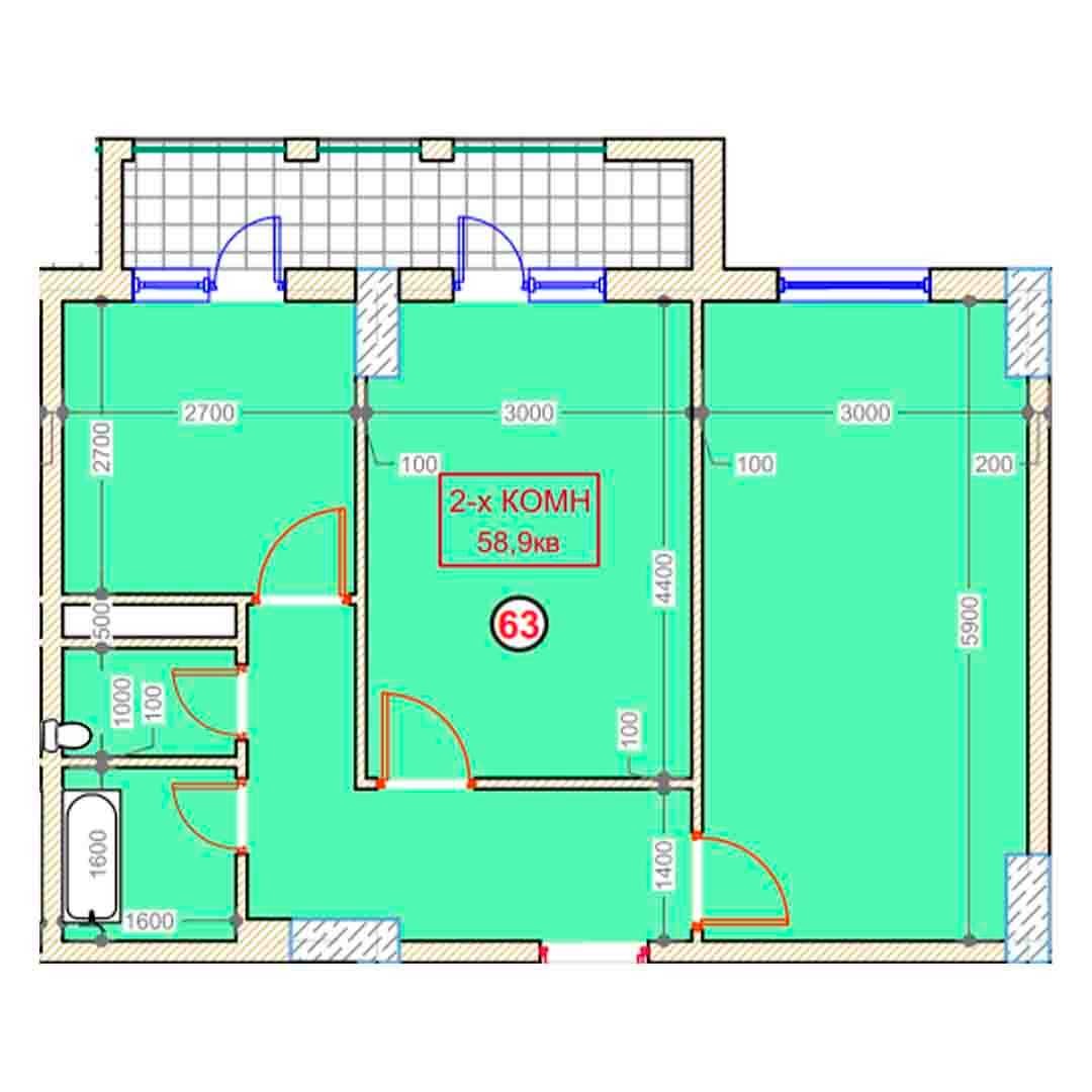 2-xonalik 58,9 m²
