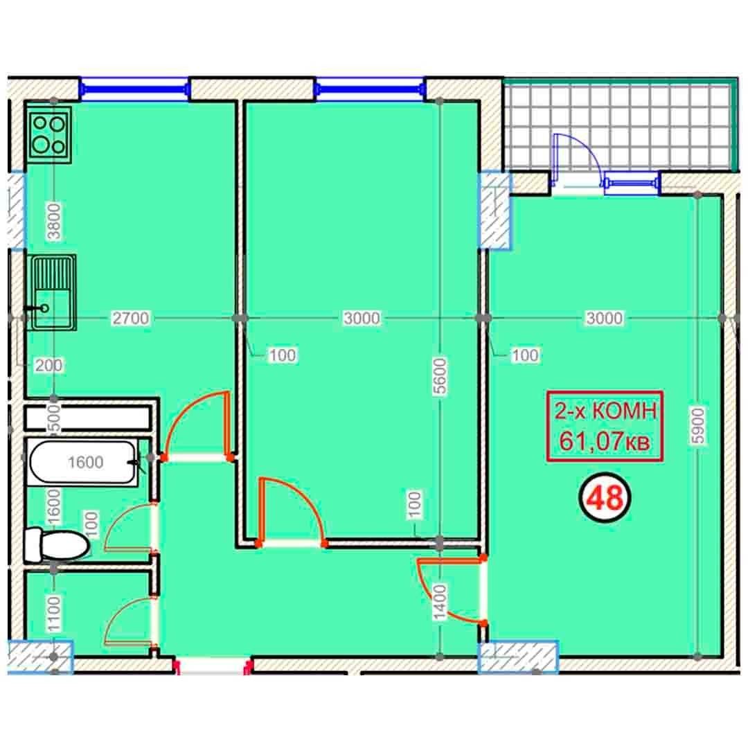 2-xonalik 61,07 m²