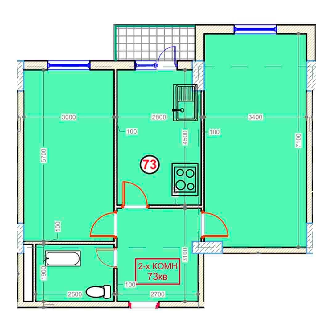 2-xonalik 73 m²