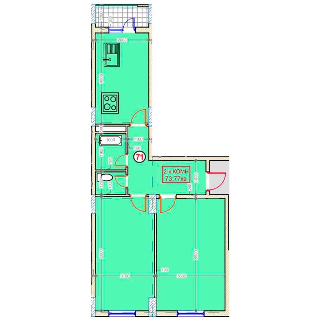 2-xonalik 73,77 m²