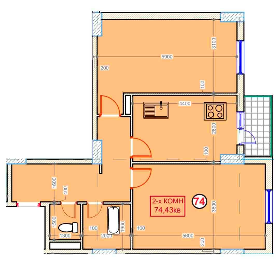 2-xonalik 74,75 m²