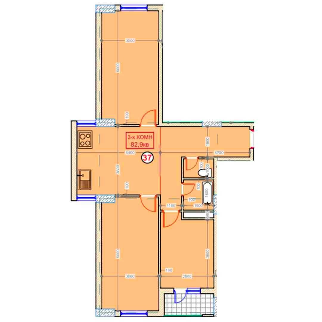 3-xonalik 82,9 m²