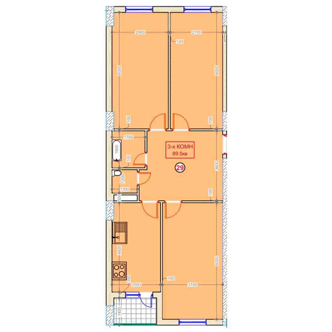 3-xonalik 89,5 m²